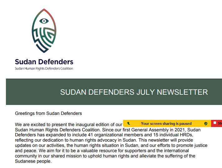 Sudan Defenders October Newsletter